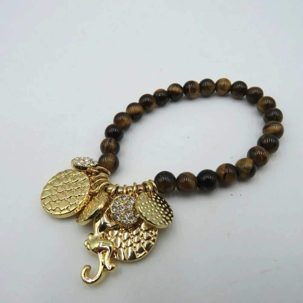 Lilly Pulitzer Bracelet Tigers Eye Beads Gold Tone Charms Rhinestones Stretch - Picture 4 of 6